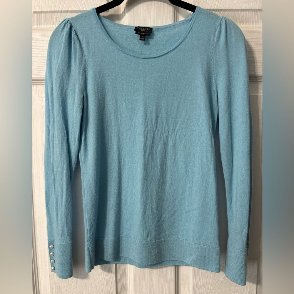 Talbots 100% Merino Wool Robin’s Egg Blue Sweater Size P Petite Puff Sleeve $99